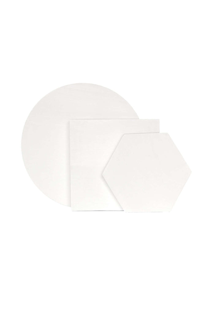 Hexagon-shaped, round and square white wooden props for photography