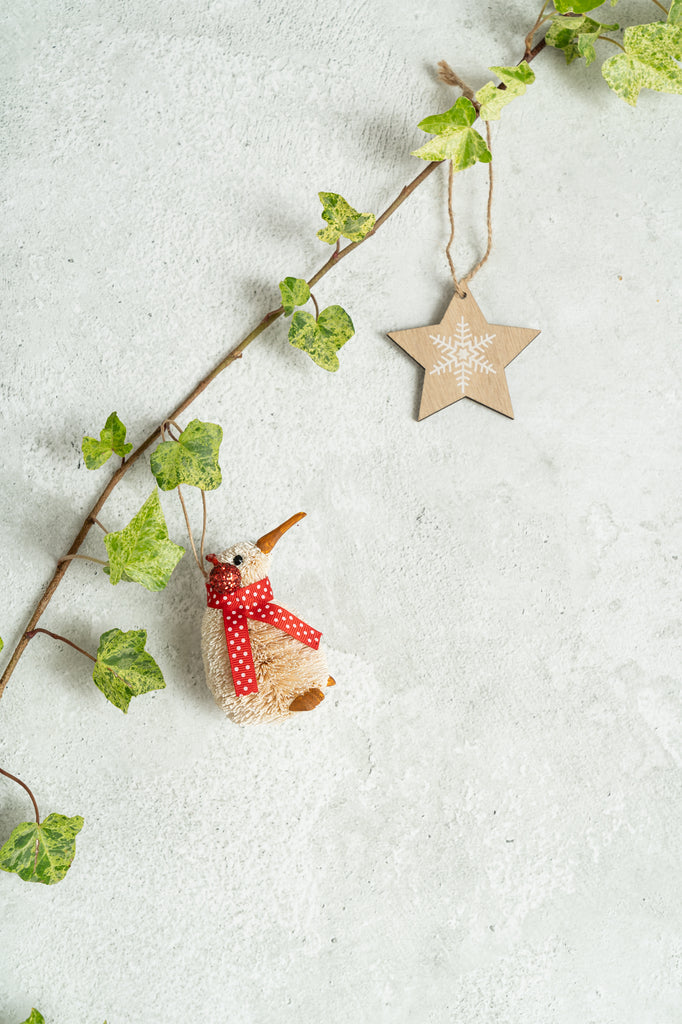 xmas ivy and decorations on soft green concrete backdrop