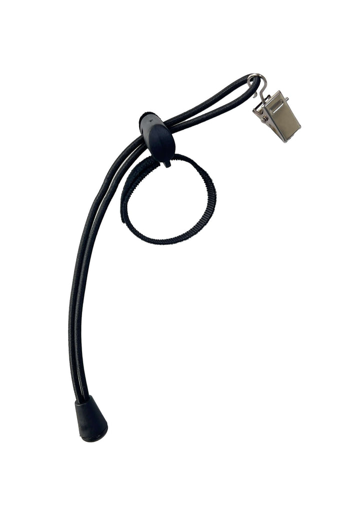 Adjustable backdrop tension clip for securing large banners and PVC backdrops, featuring velcro strap and elastic cord.
